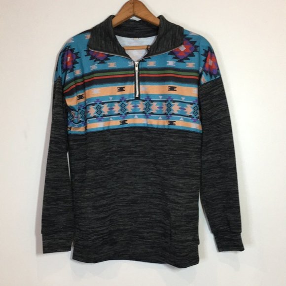 Women Casual Fall Long Sleeve 1/4 Zip Aztec Floral Print Pullover Sweatshirt Top - Picture 2 of 4